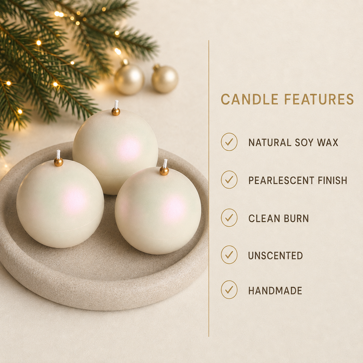 Iridescent candle features including natural soy wax, pearlescent finish, clean burn, unscented design and handmade production