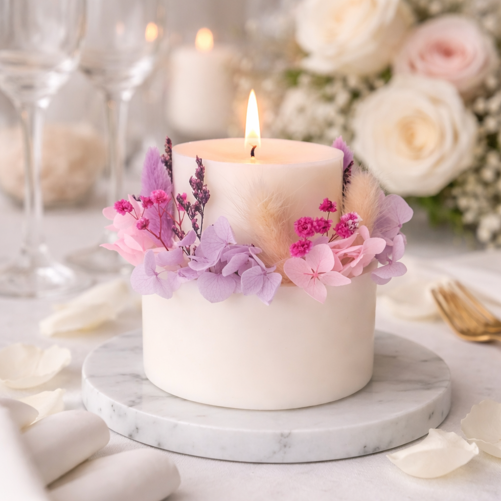 Ivory blush botanical soy wax candle lit in an elegant home setting