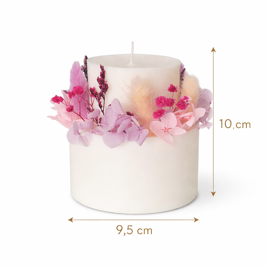 Ivory blush botanical candle size card showing 9.5 cm diameter and 10 cm height