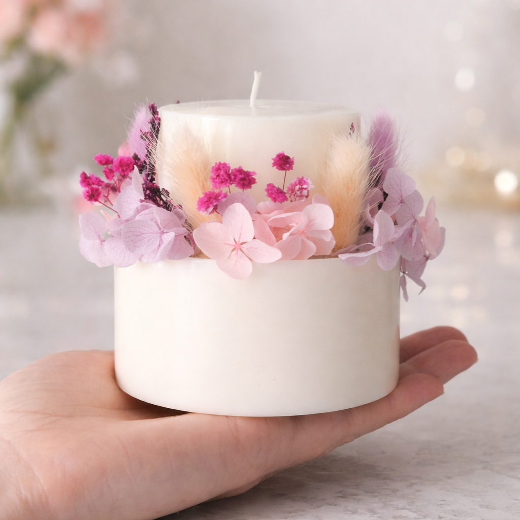 Ivory blush botanical candle shown in hand for size reference