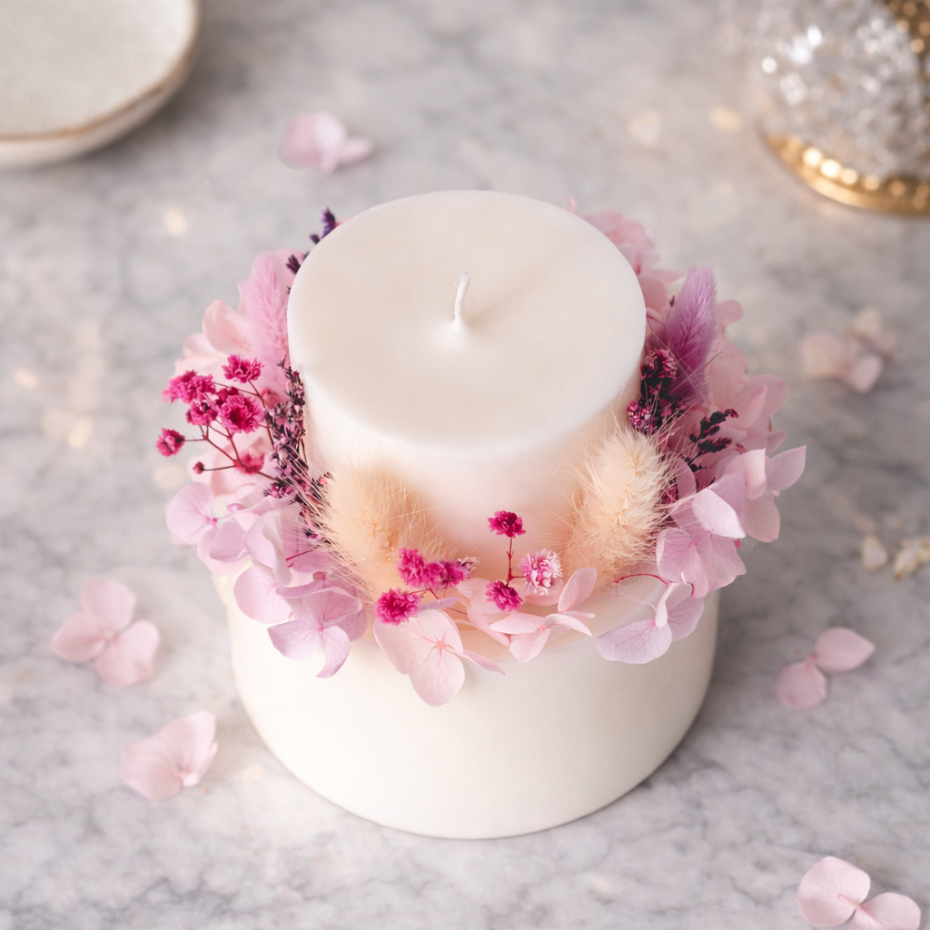Top view of ivory blush botanical candle with preserved flowers arranged around the candle