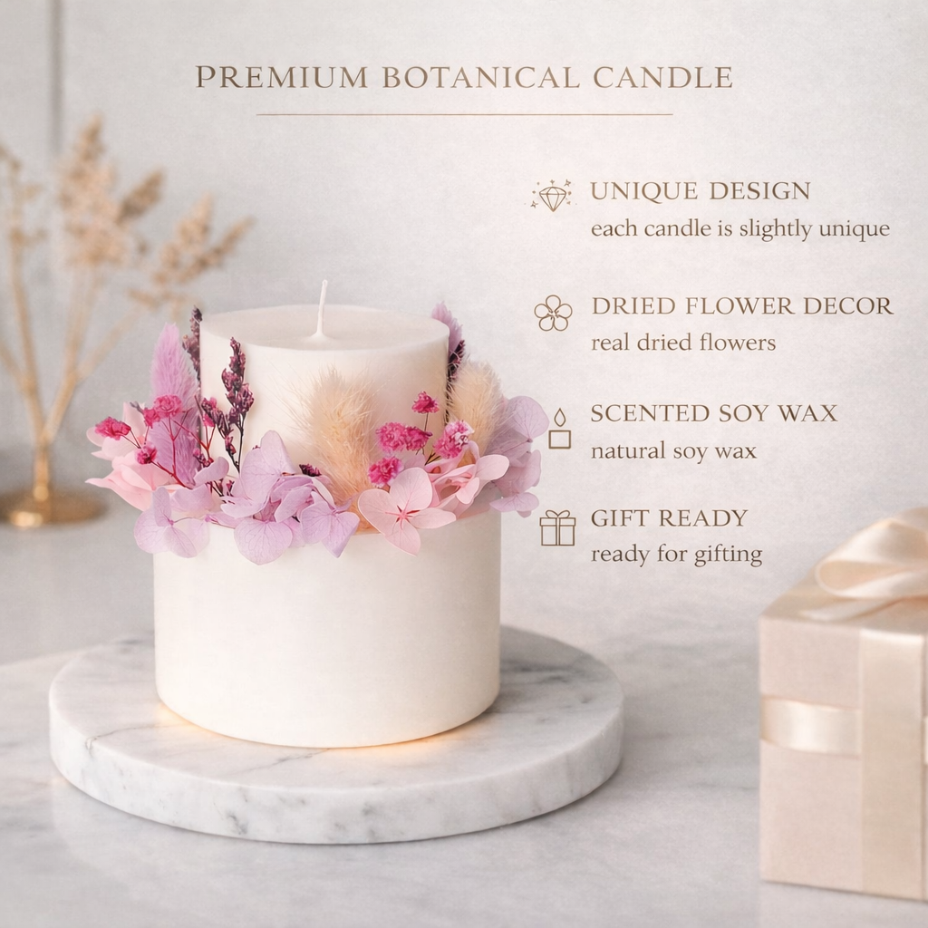 Premium botanical candle features with original design, dried flower decor, scented soy wax and gift-ready packaging