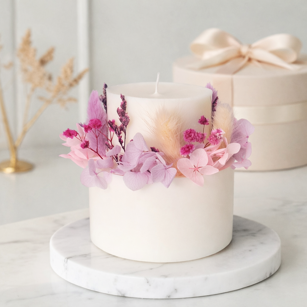 Ivory blush signature botanical soy wax candle with preserved flowers handmade by Isola Aura Home in Belgium