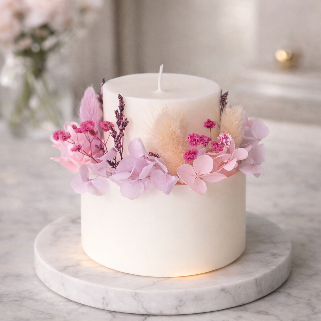 Ivory blush signature floral candle styled in a soft elegant home interior