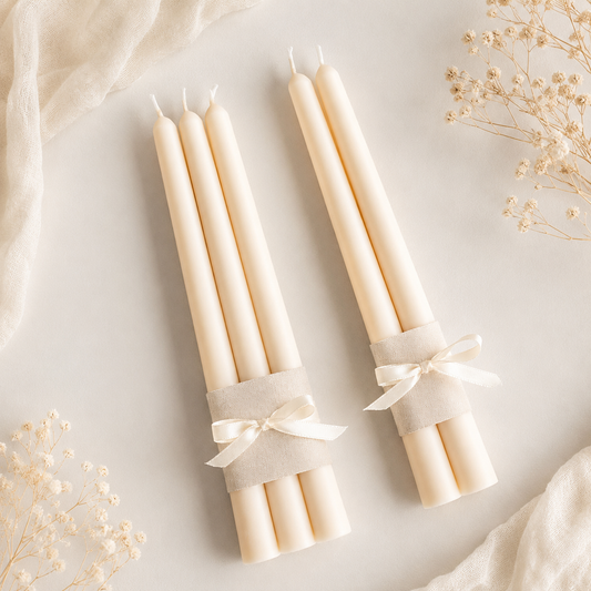 Ivory soy wax taper candle set wrapped with ivory ribbon, handmade by Isola Aura Home in Belgium