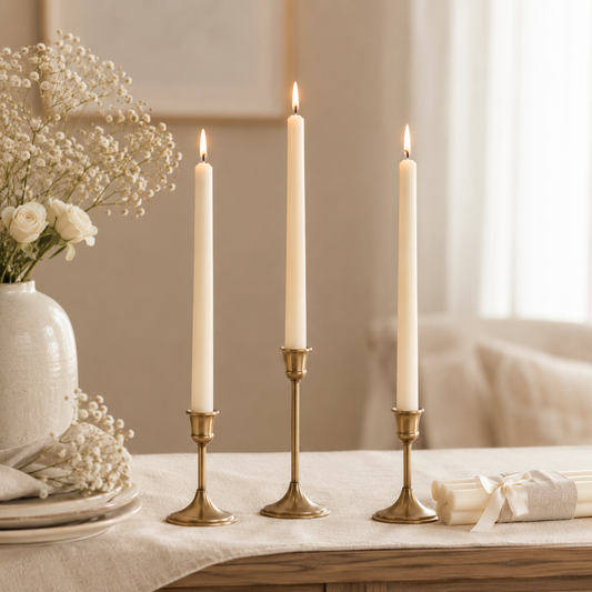 Ivory soy wax taper candles burning in brass candle holders, handmade in Belgium