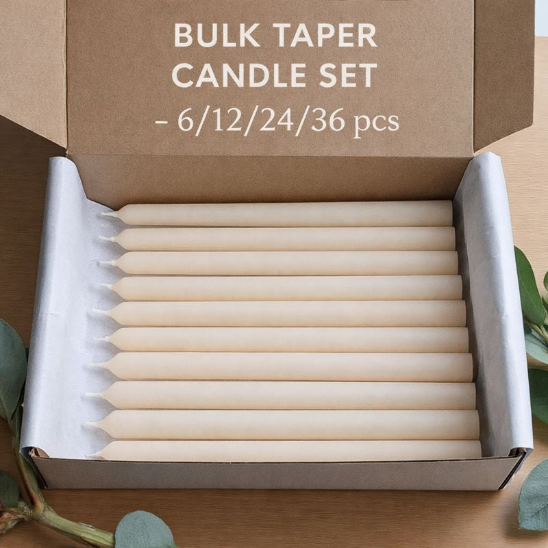 Ivory taper candle bulk set options available in 6, 12, 24 or 36 pieces