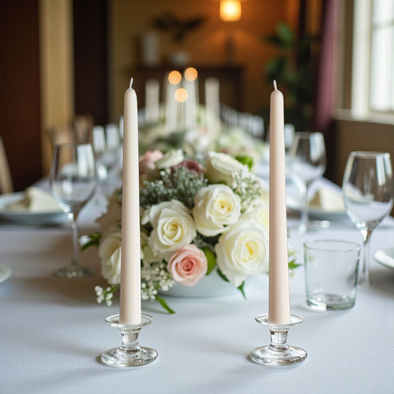 Ivory taper candles displayed on an elegant wedding table with white and blush flowers