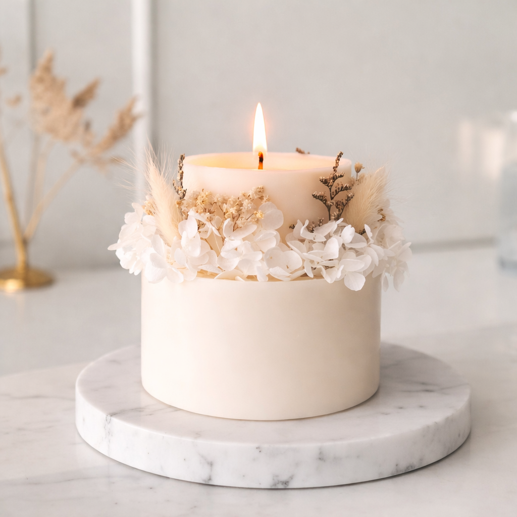 Ivory white botanical soy wax candle lit in an elegant wedding-inspired setting
