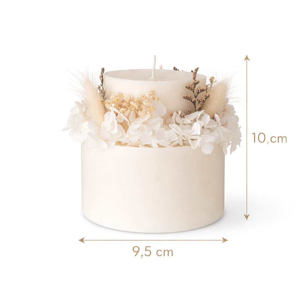 Ivory white botanical candle size card showing 9.5 cm diameter and 10 cm height