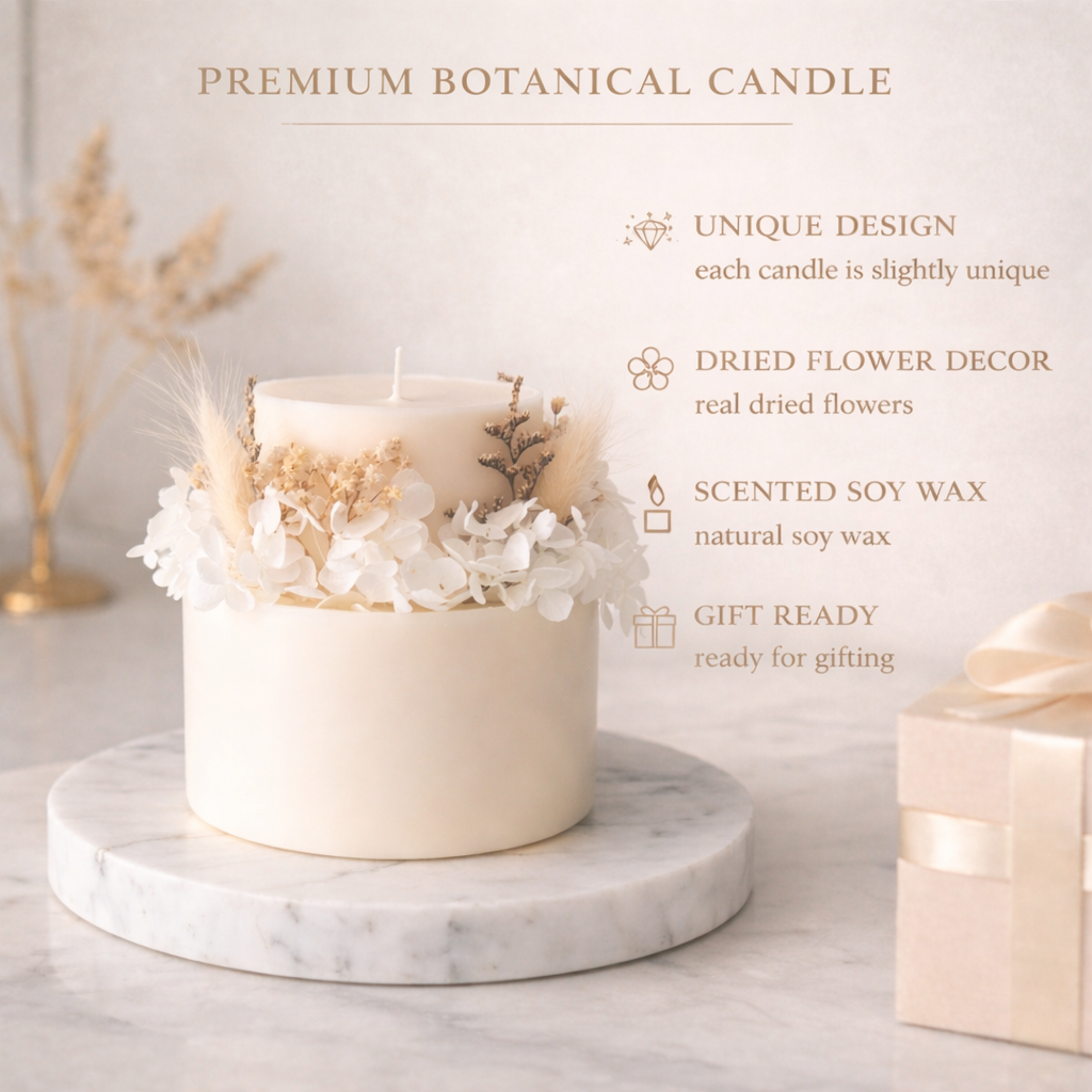 Premium ivory white botanical candle features with unique design, dried flower decor, scented soy wax and gift-ready packaging