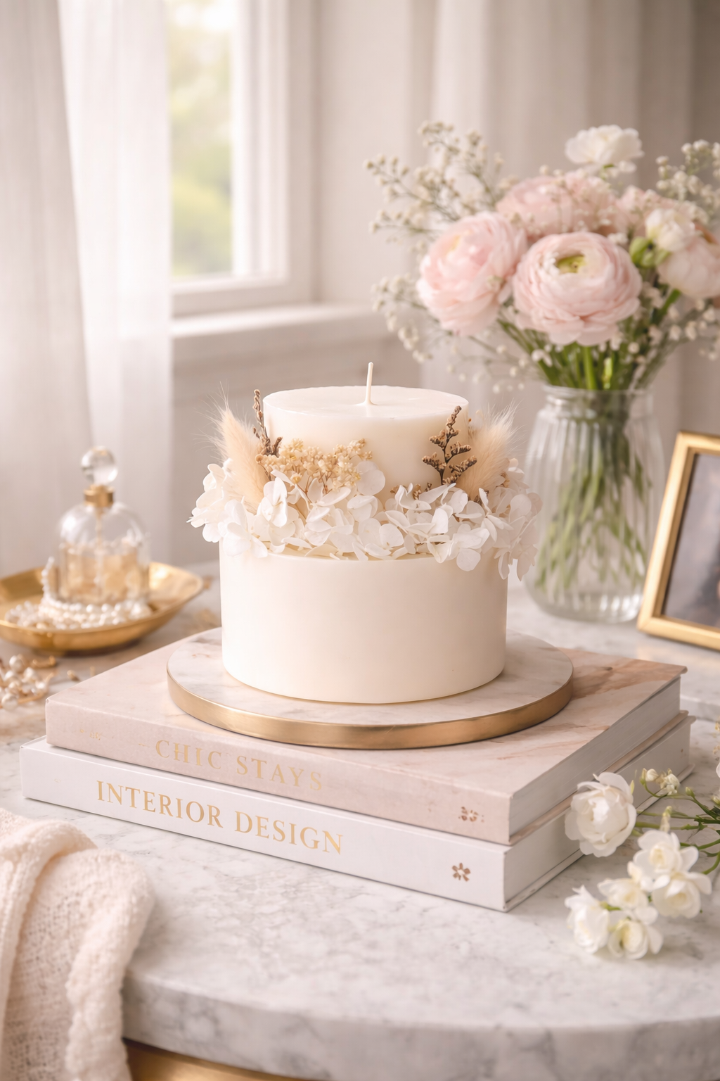 Ivory white signature floral candle styled in a soft elegant home interior