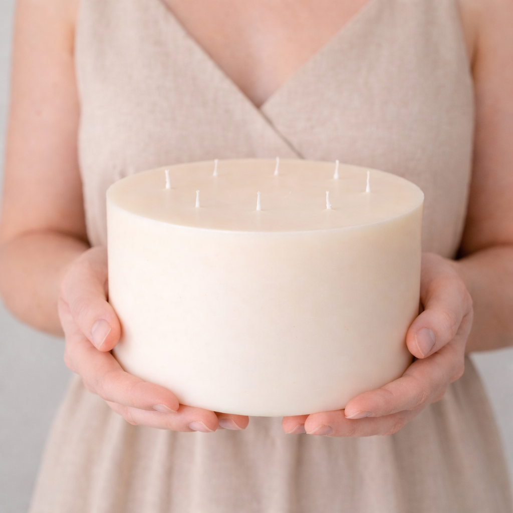Large handmade soy wax centerpiece candle with 7 wicks, shown in hands for scale