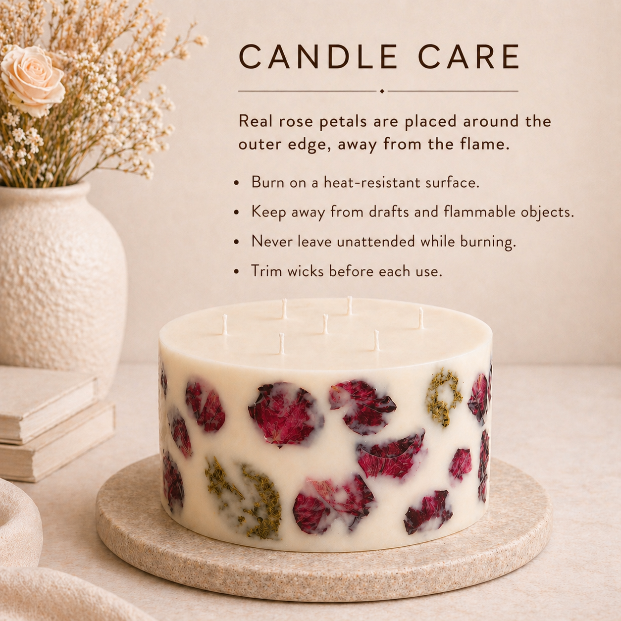 Candle care instructions for large rose petal soy wax centerpiece candle, handmade by Isola Aura Home in Belgium