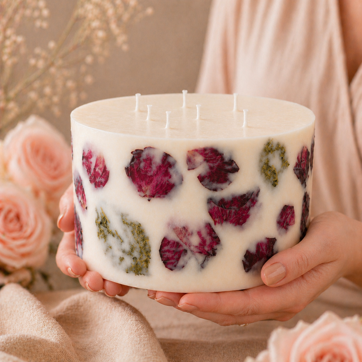 Large rose petal soy wax centerpiece candle held in hands, handmade by Isola Aura Home in Belgium
