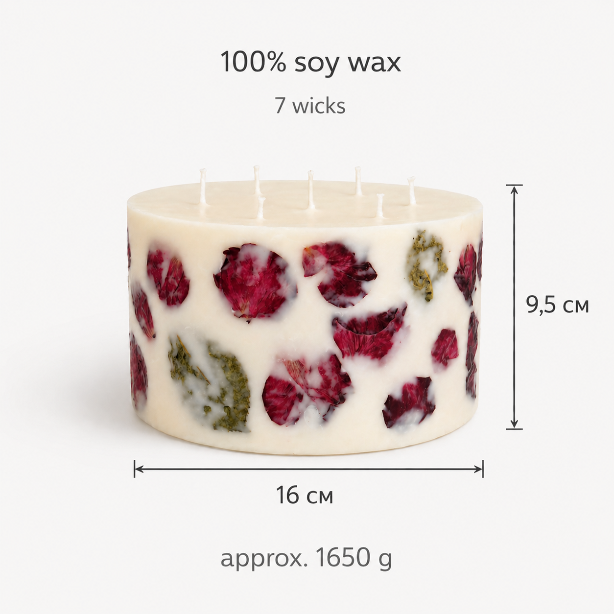 Size details for large rose petal soy wax centerpiece candle with 7 wicks, handmade by Isola Aura Home in Belgium