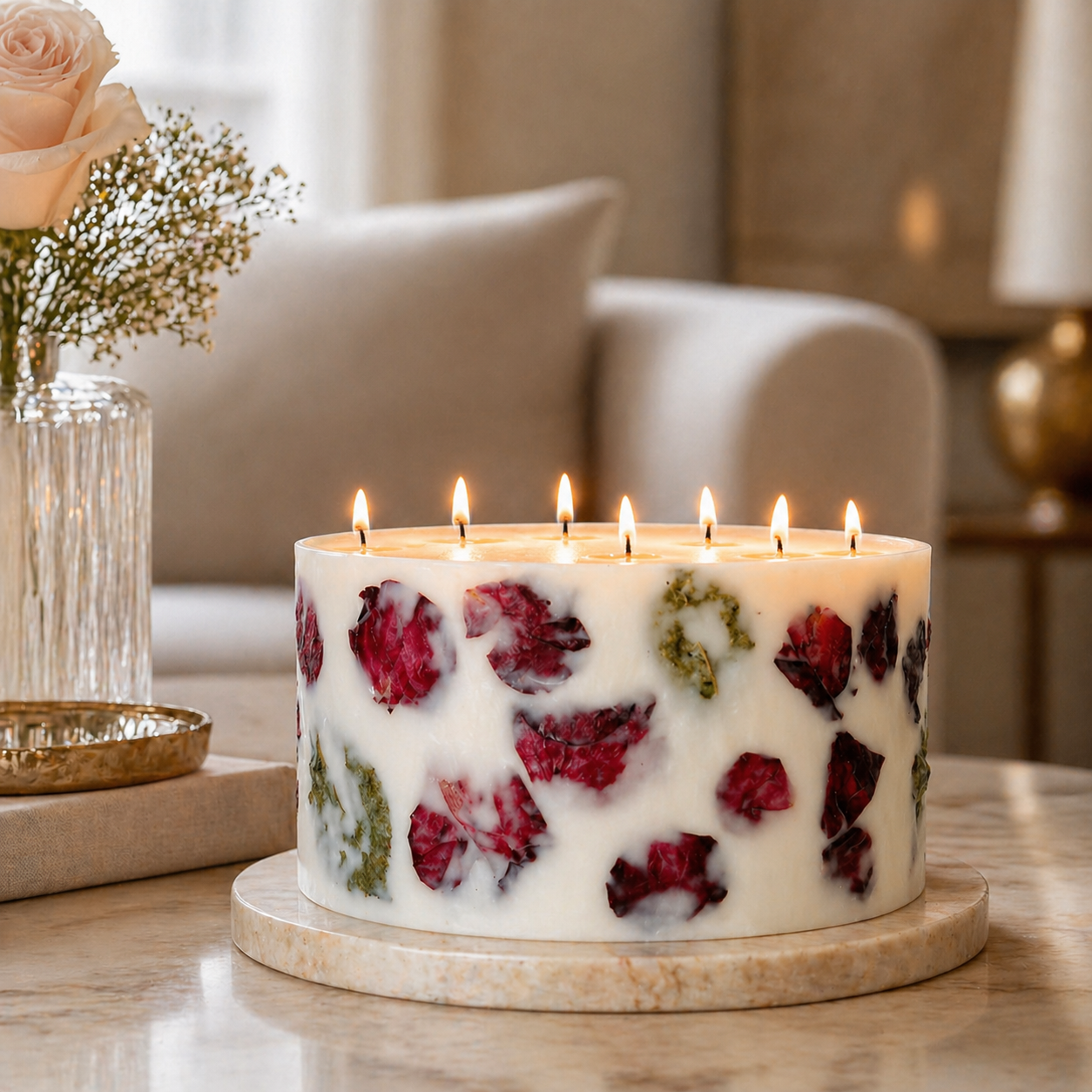Large rose petal soy wax centerpiece candle burning as elegant home decor, handmade by Isola Aura Home in Belgium