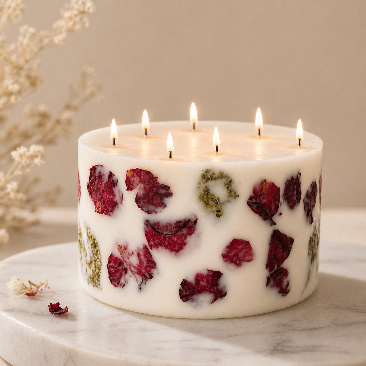 Large rose petal soy wax centerpiece candle with real dried flowers, handmade by Isola Aura Home in Belgium