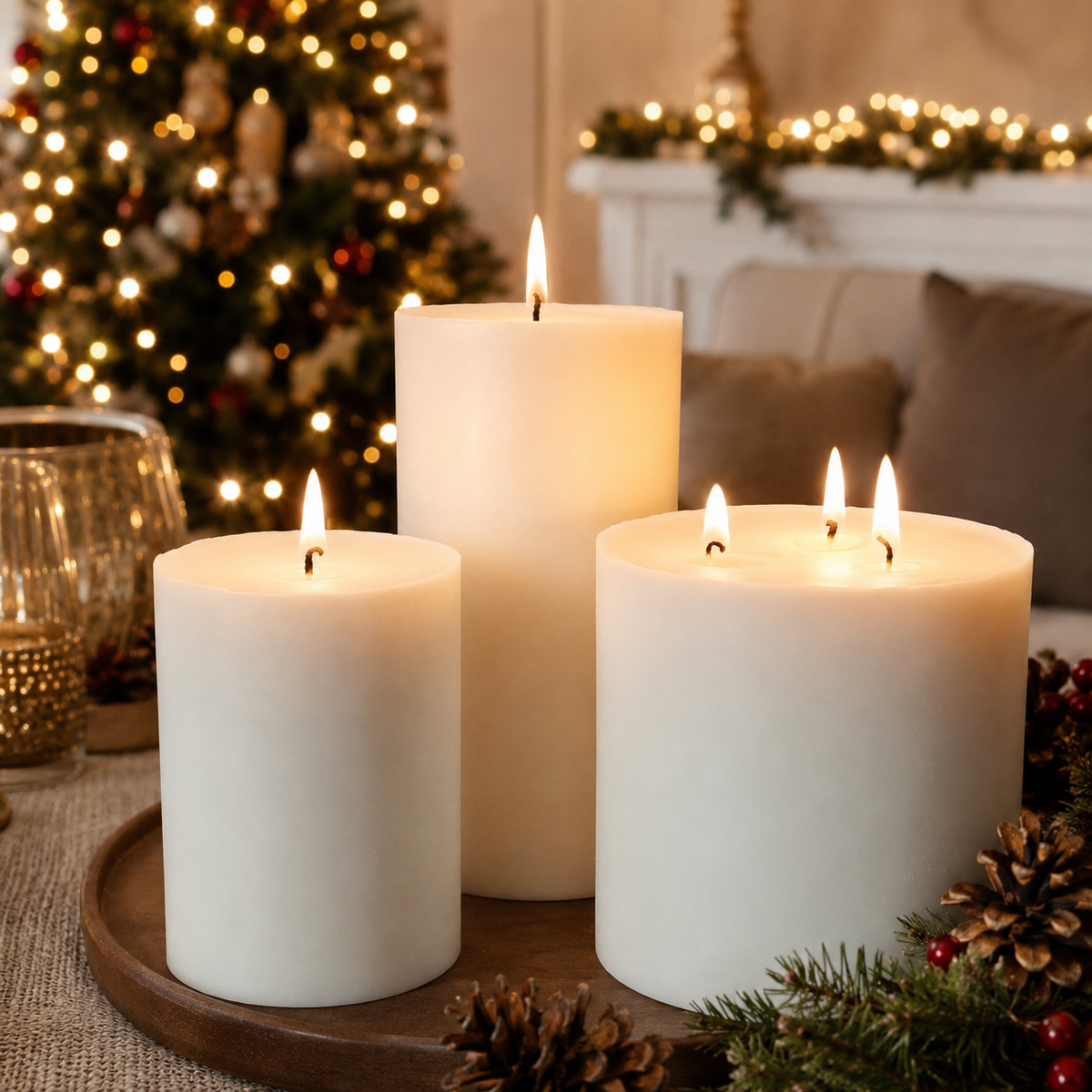 Large handmade soy pillar candles burning in a cosy Christmas home interior