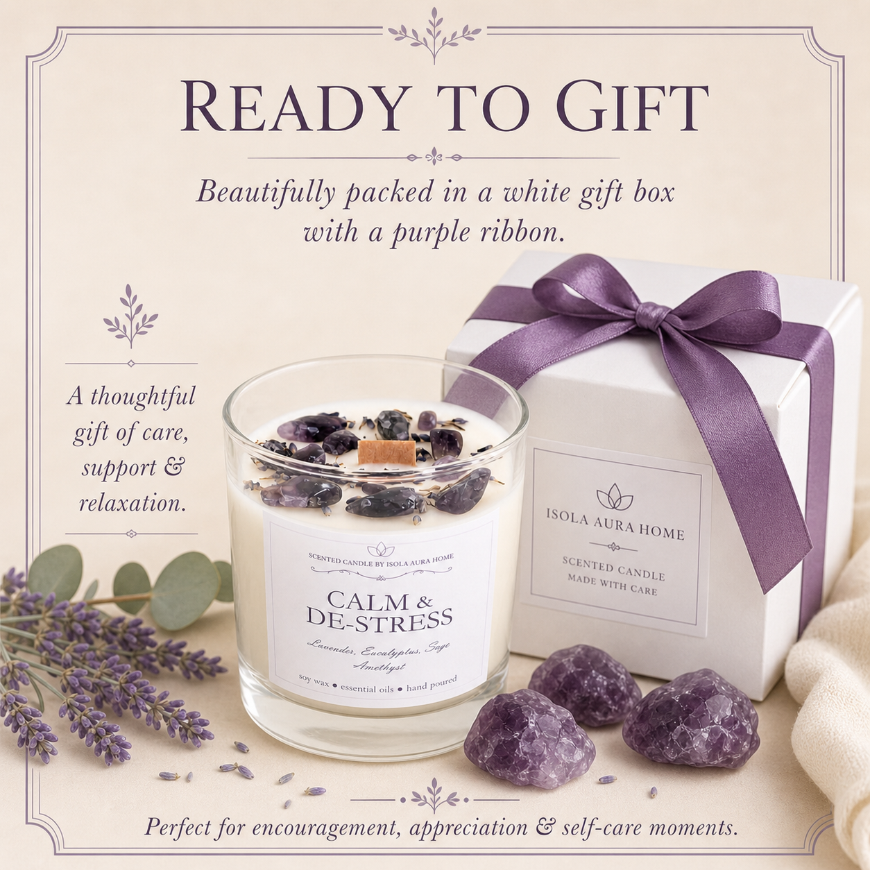 Lavender crystal candle beautifully packed in a white gift box with a purple ribbon