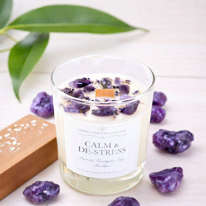 Calm and De-Stress lavender crystal candle in a clear glass jar with genuine amethyst stones