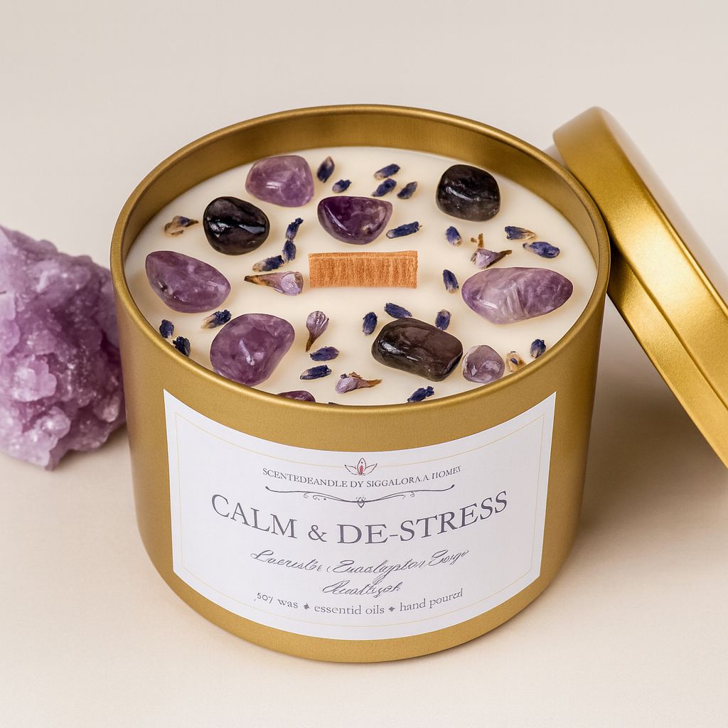 Lavender and amethyst soy candle in a gold tin with wooden wick and dried lavender decoration