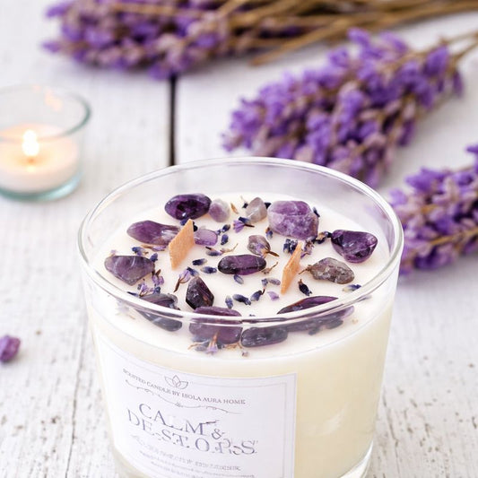 Lavender and amethyst crystal soy candle in a glass jar with wooden wick, handmade by Isola Aura Home