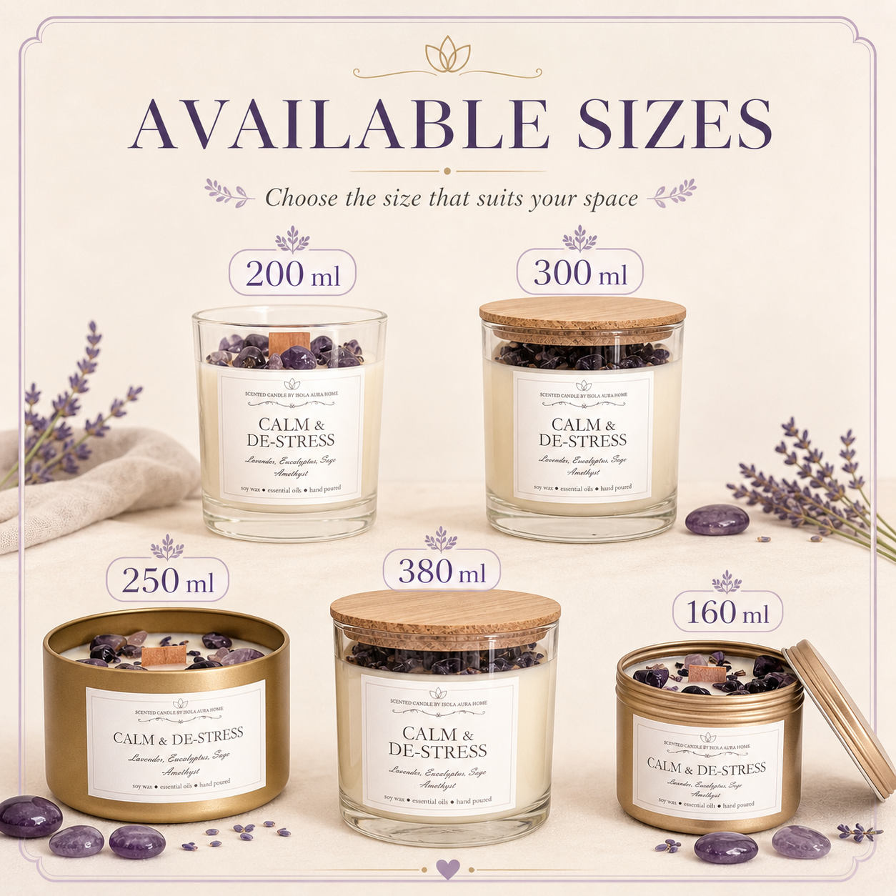 Available sizes for the Lavender and Amethyst crystal candle from 160 ml to 380 ml