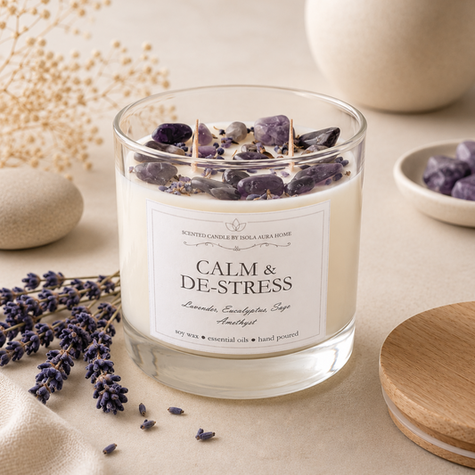 Lavender and amethyst crystal soy candle in a glass jar with wooden wick, handmade by Isola Aura Home