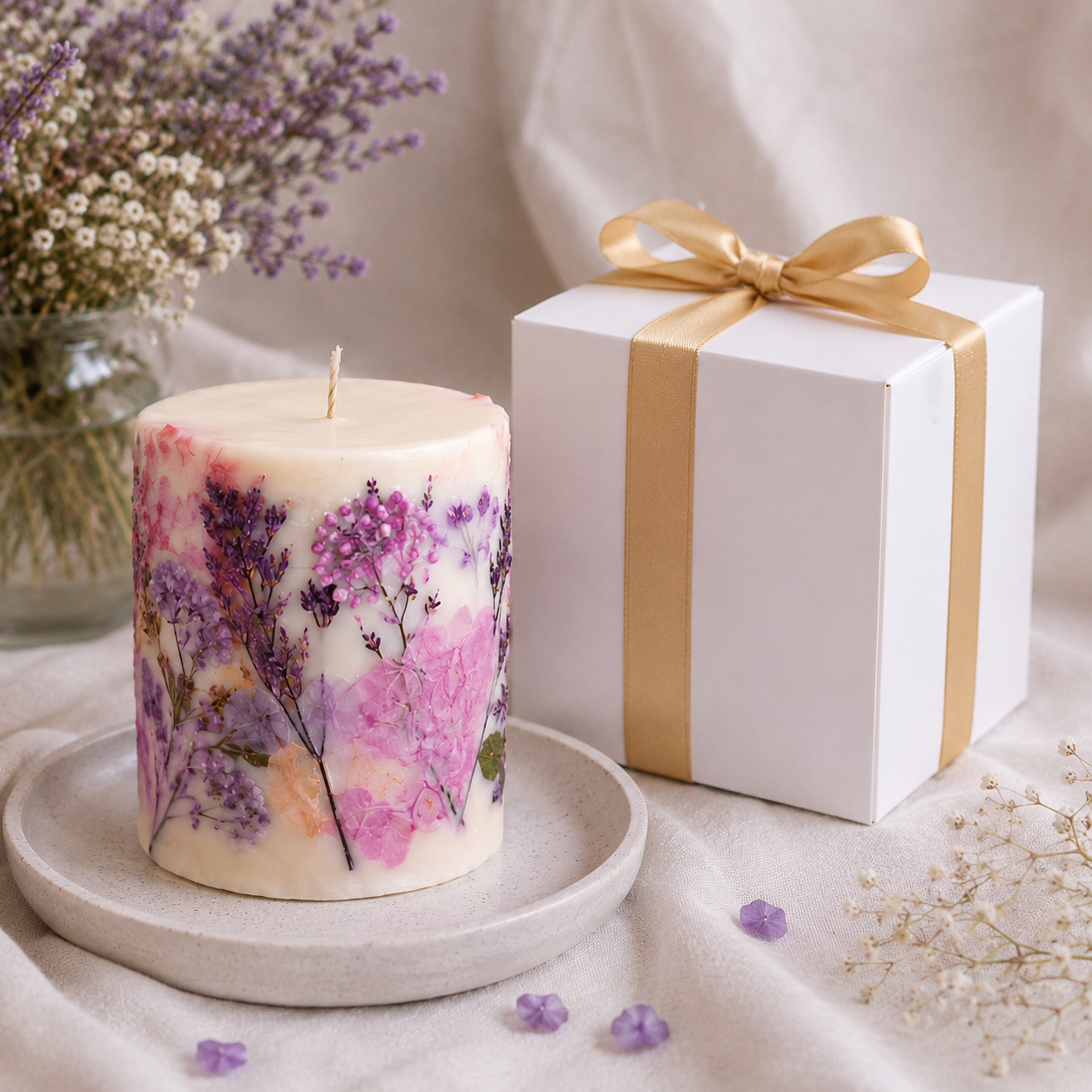 Lavender Bloom botanical soy wax candle with white gift box and gold ribbon, ready to gift