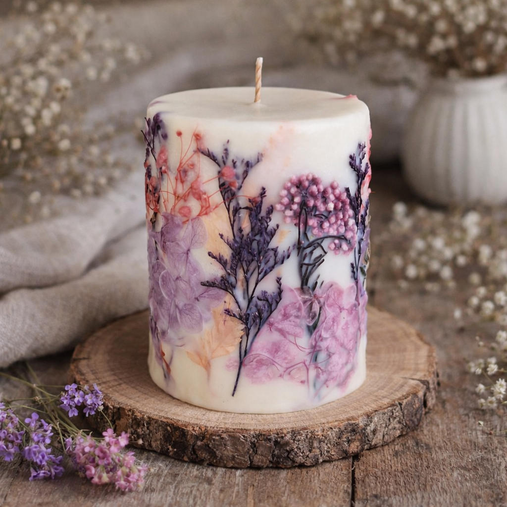 Lavender Bloom botanical soy wax candle displayed in a soft romantic floral interior