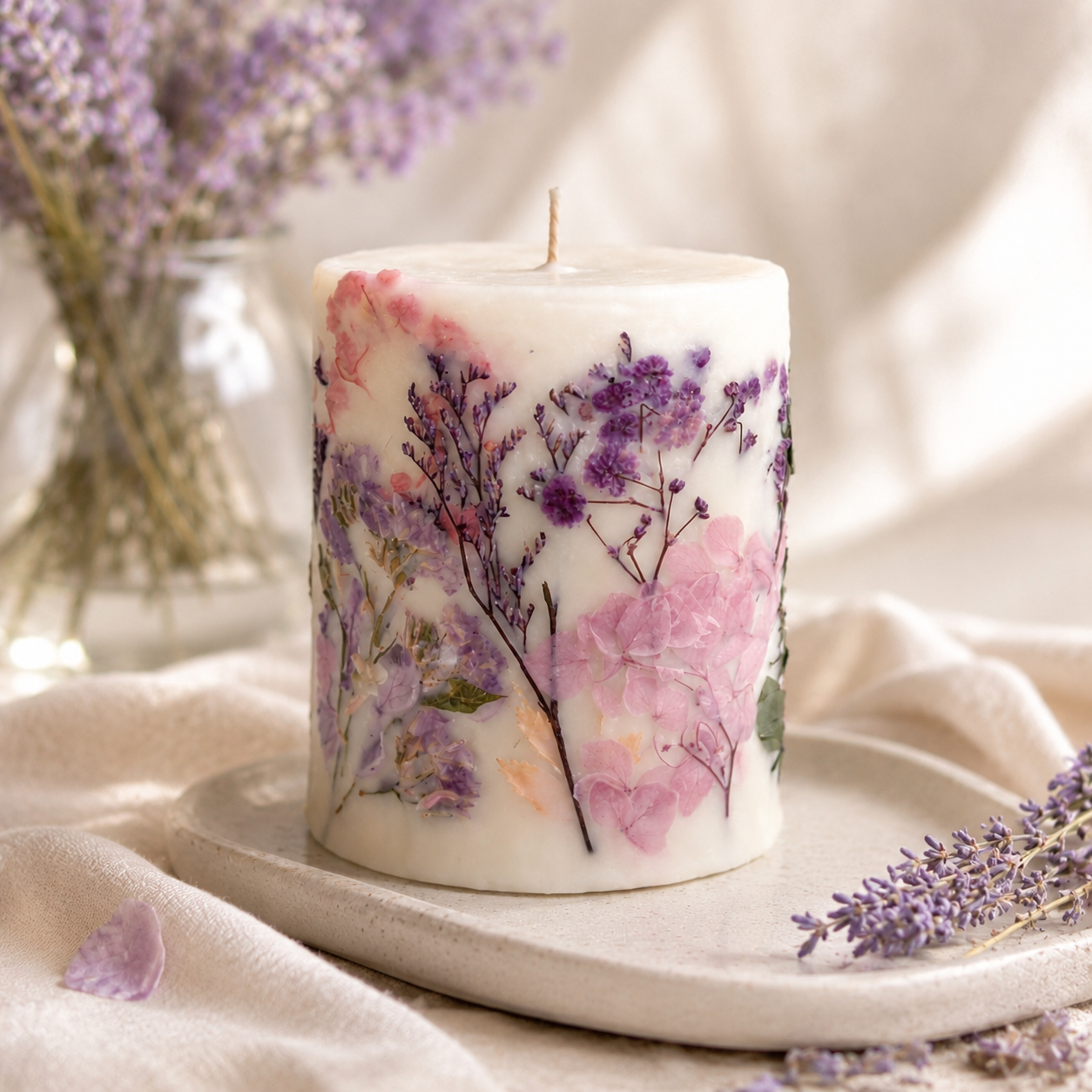 Lavender Bloom botanical soy wax candle with real dried flowers, handmade by Isola Aura Home in Belgium