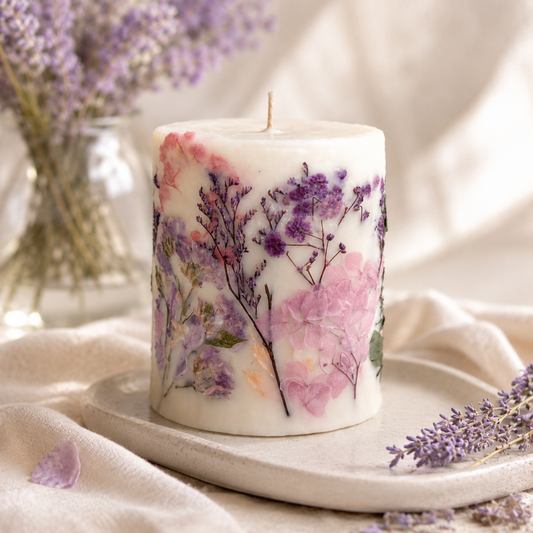 Lavender Bloom botanical soy wax candle with real dried flowers, handmade by Isola Aura Home in Belgium