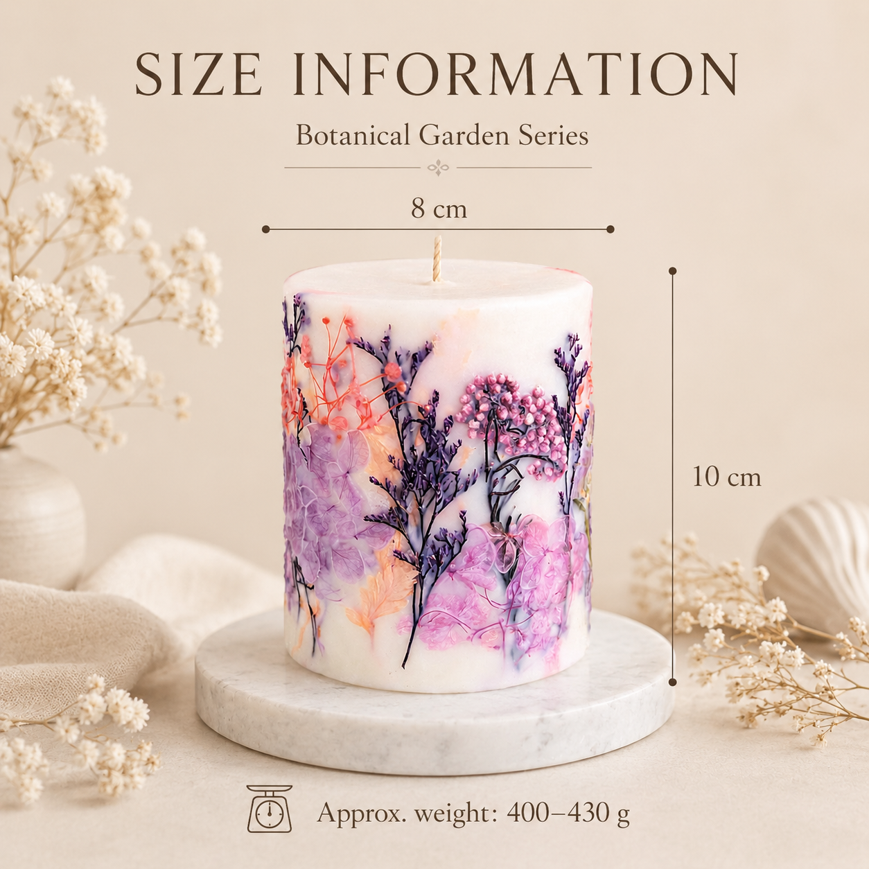 Lavender Bloom botanical soy wax candle size D8 x H10 cm, approx. weight 400–430 g, Botanical Garden Series