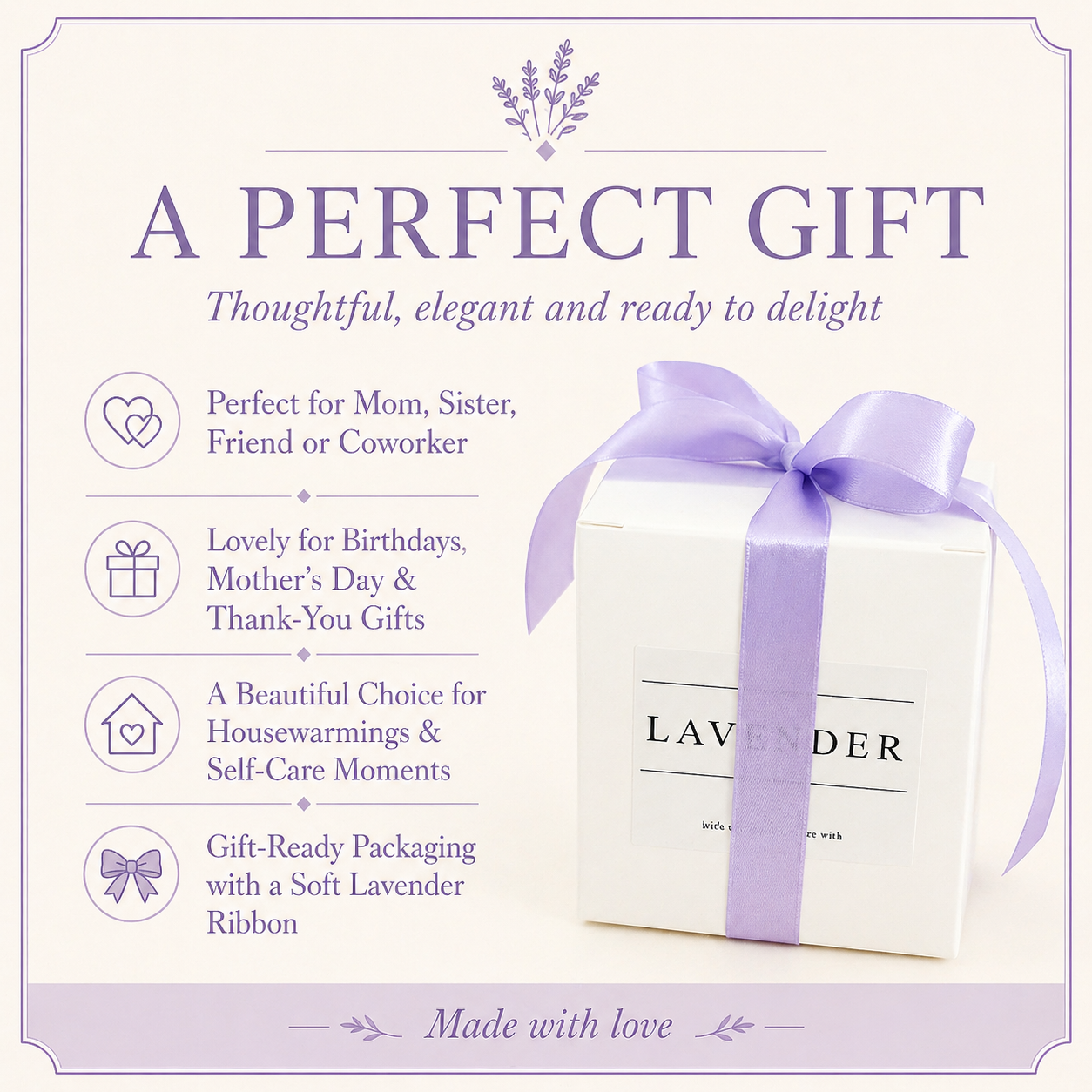 Lavender candle and car diffuser gift box with elegant lavender ribbon, perfect for birthdays, Mother’s Day and thank-you gifts
