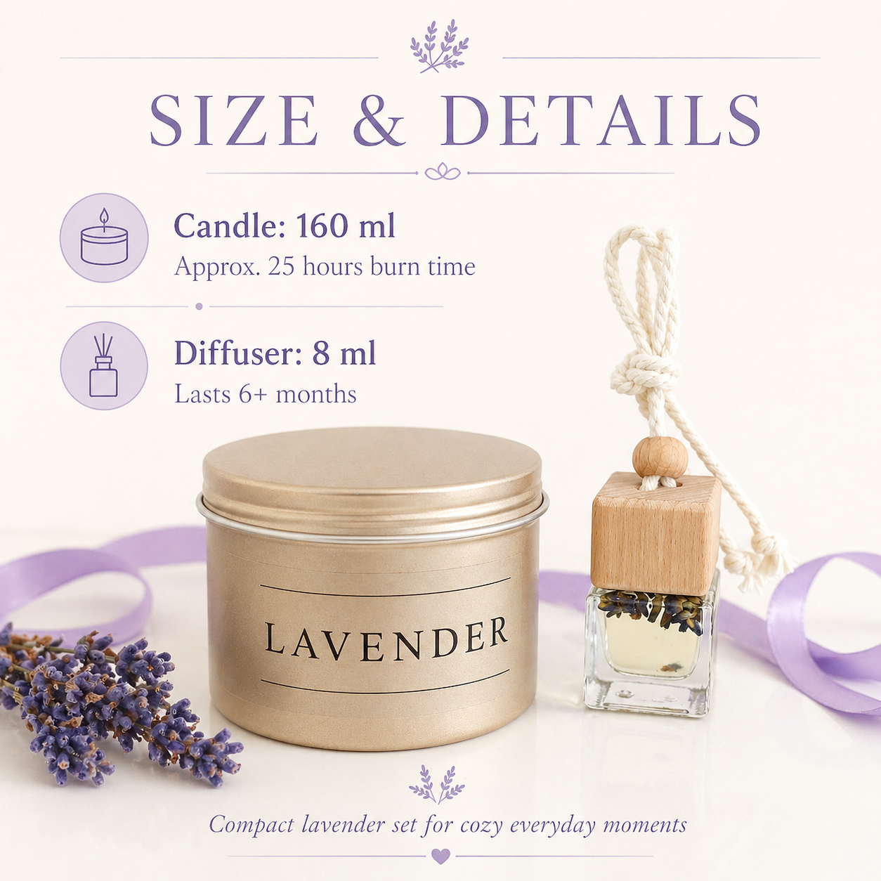 Size and details card for lavender candle and car diffuser gift box with 160 ml soy wax candle and 8 ml diffuser