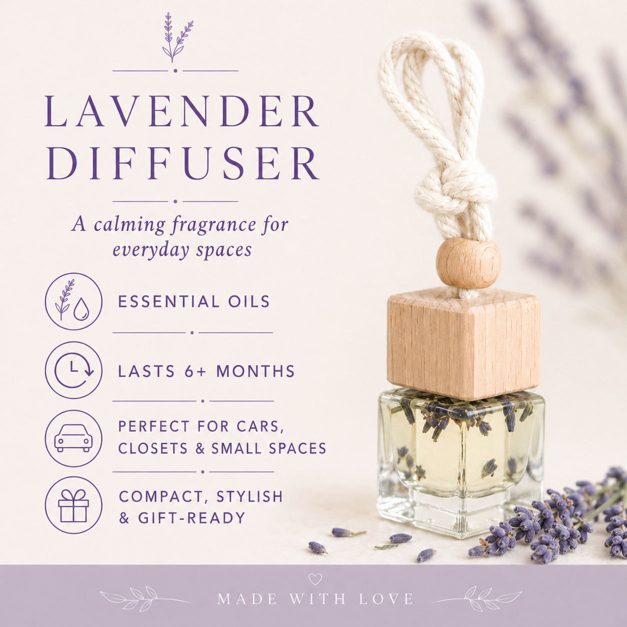Lavender car diffuser details card with essential oils, 6 months fragrance duration and gift-ready design