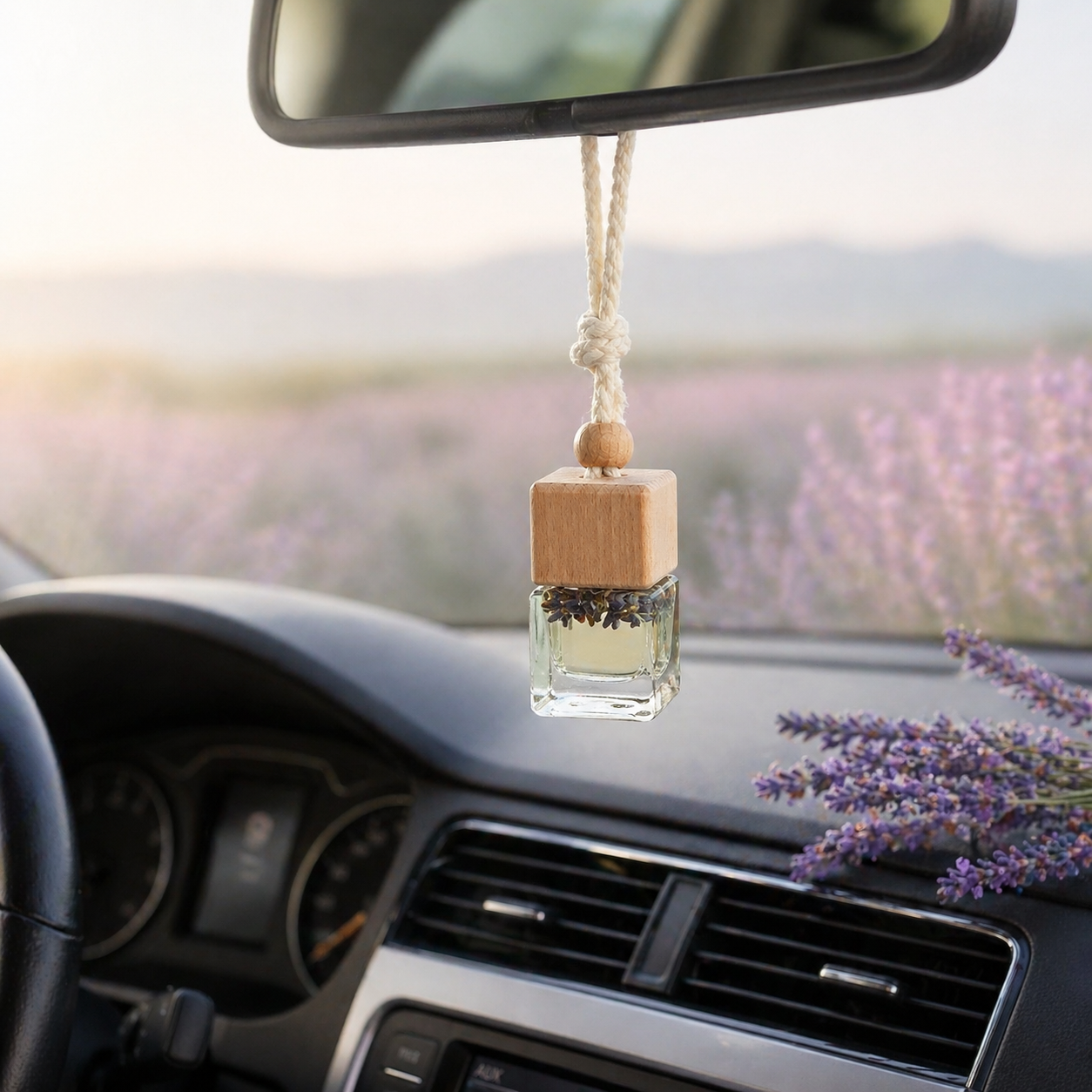 Lavender car diffuser hanging in a car with soft lavender field background