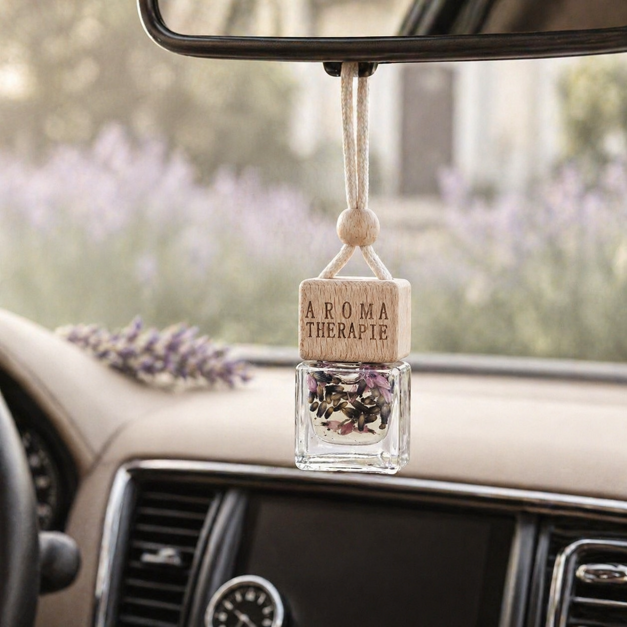Lavender car diffuser with essential oils hanging in a car