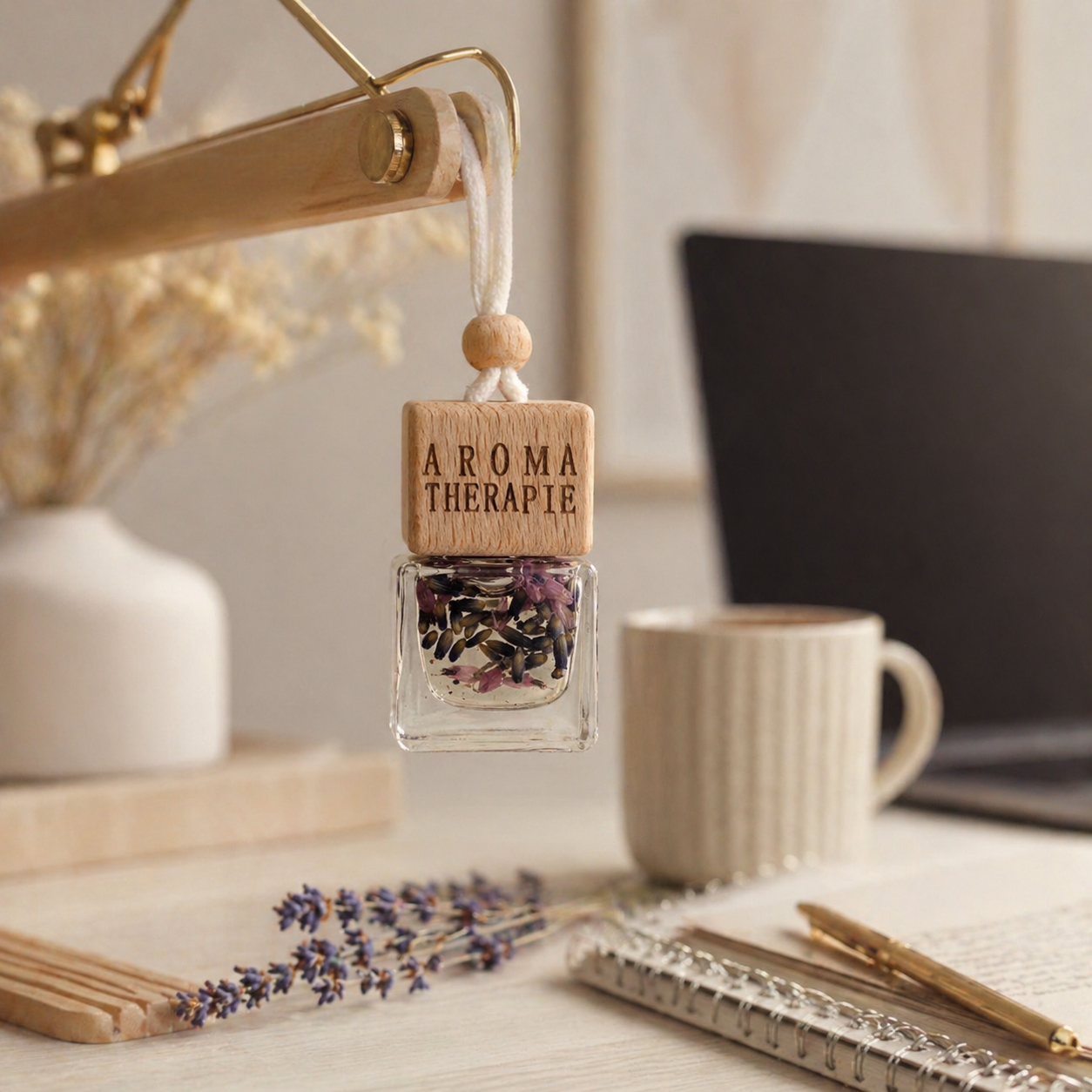 Lavender essential oil diffuser hanging in a wardrobe for small space fragrance