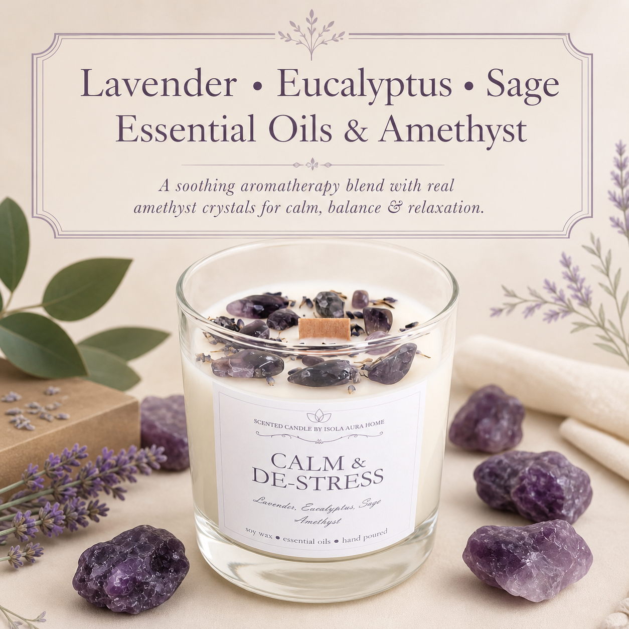 Lavender eucalyptus and sage crystal candle with amethyst stones and a wooden wick
