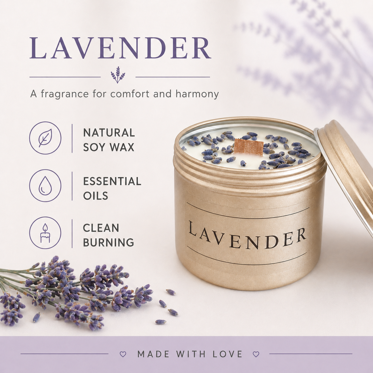Lavender soy wax candle benefits card with natural soy wax, essential oils and clean burning details