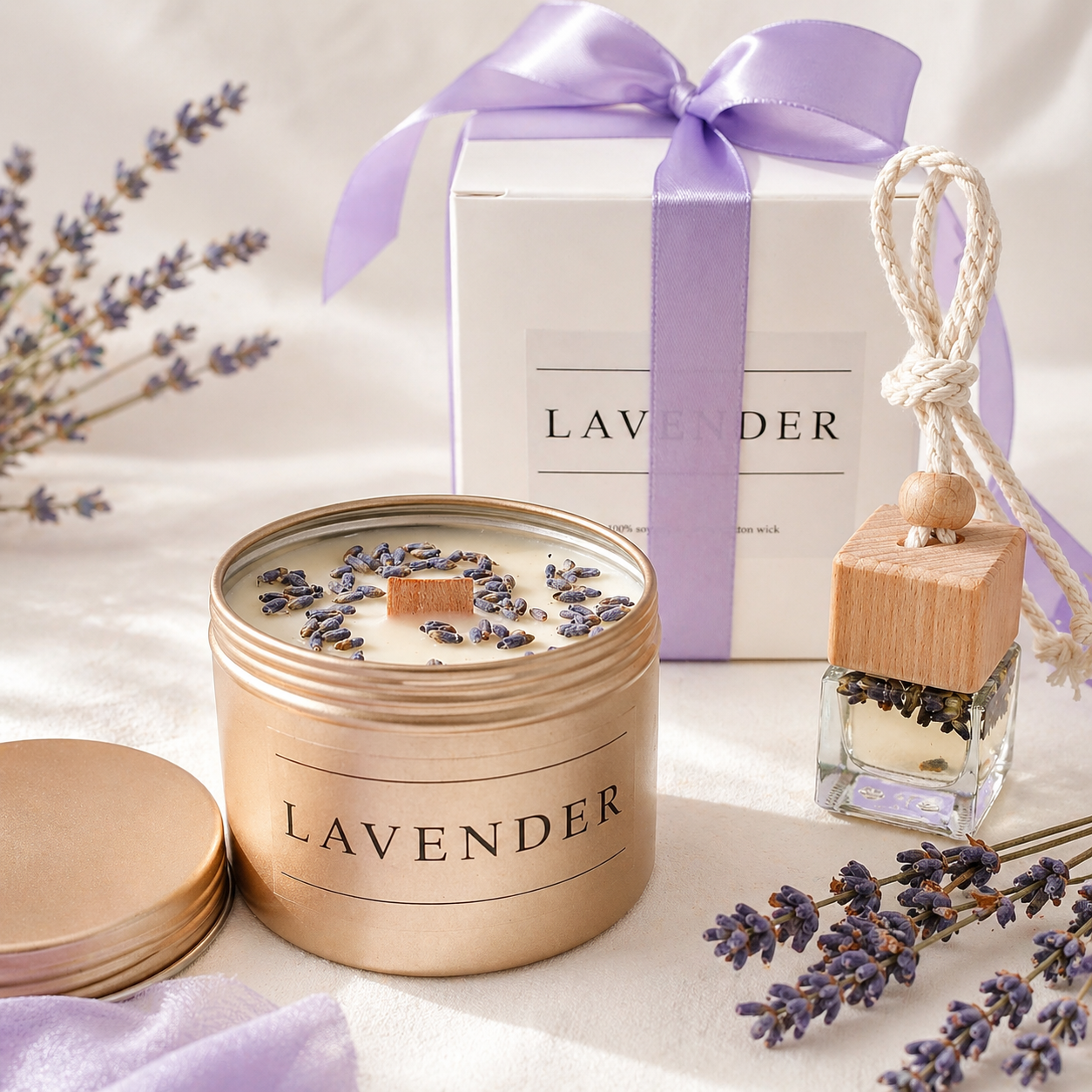 Lavender soy wax candle and car diffuser gift box with white packaging and lavender ribbon, handmade by Isola Aura Home in Belgium