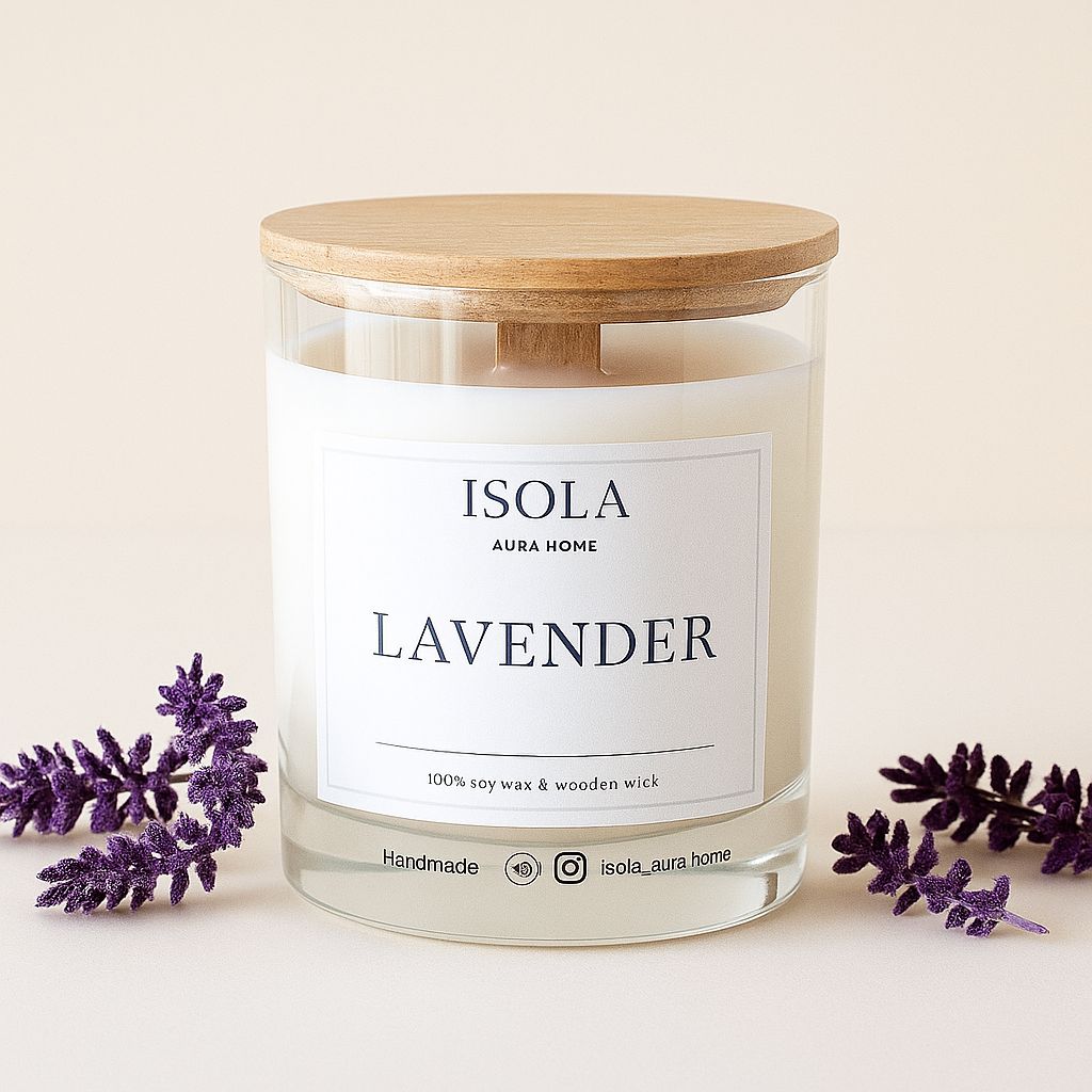 Lavender soy wax candle in a glass jar with wooden lid, handmade by Isola Aura Home in Belgium