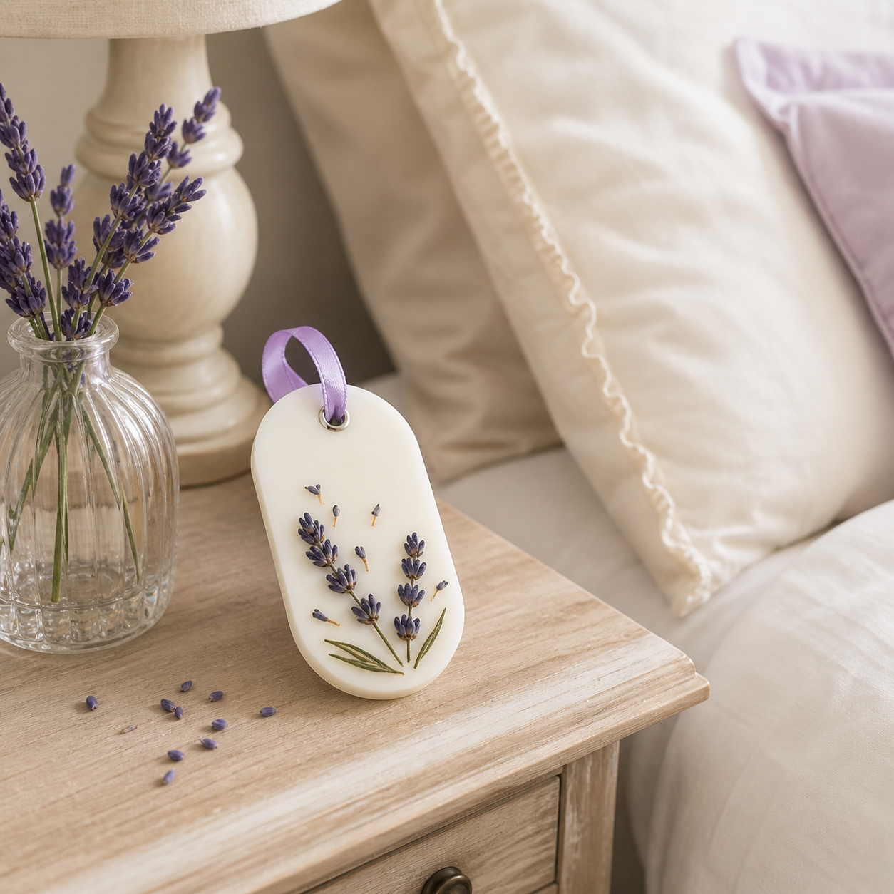 Handmade lavender wax sachet displayed by the bedside for soft home fragrance