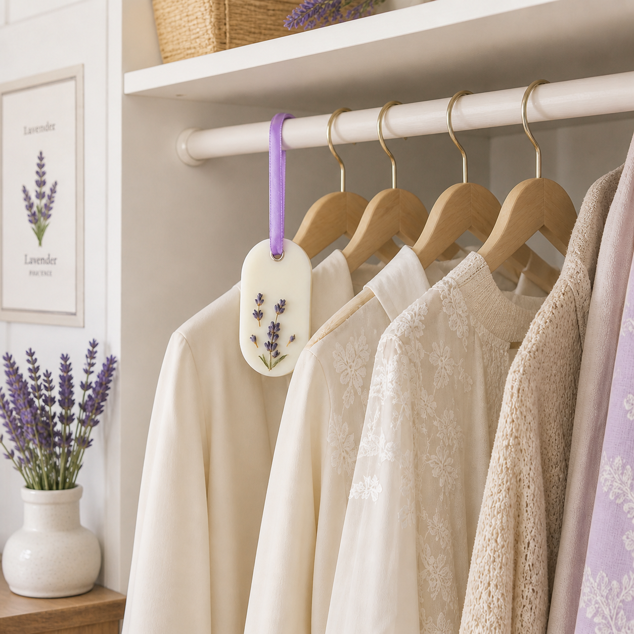 Lavender wax sachet hanging in a wardrobe to gently fragrance clothes and linens