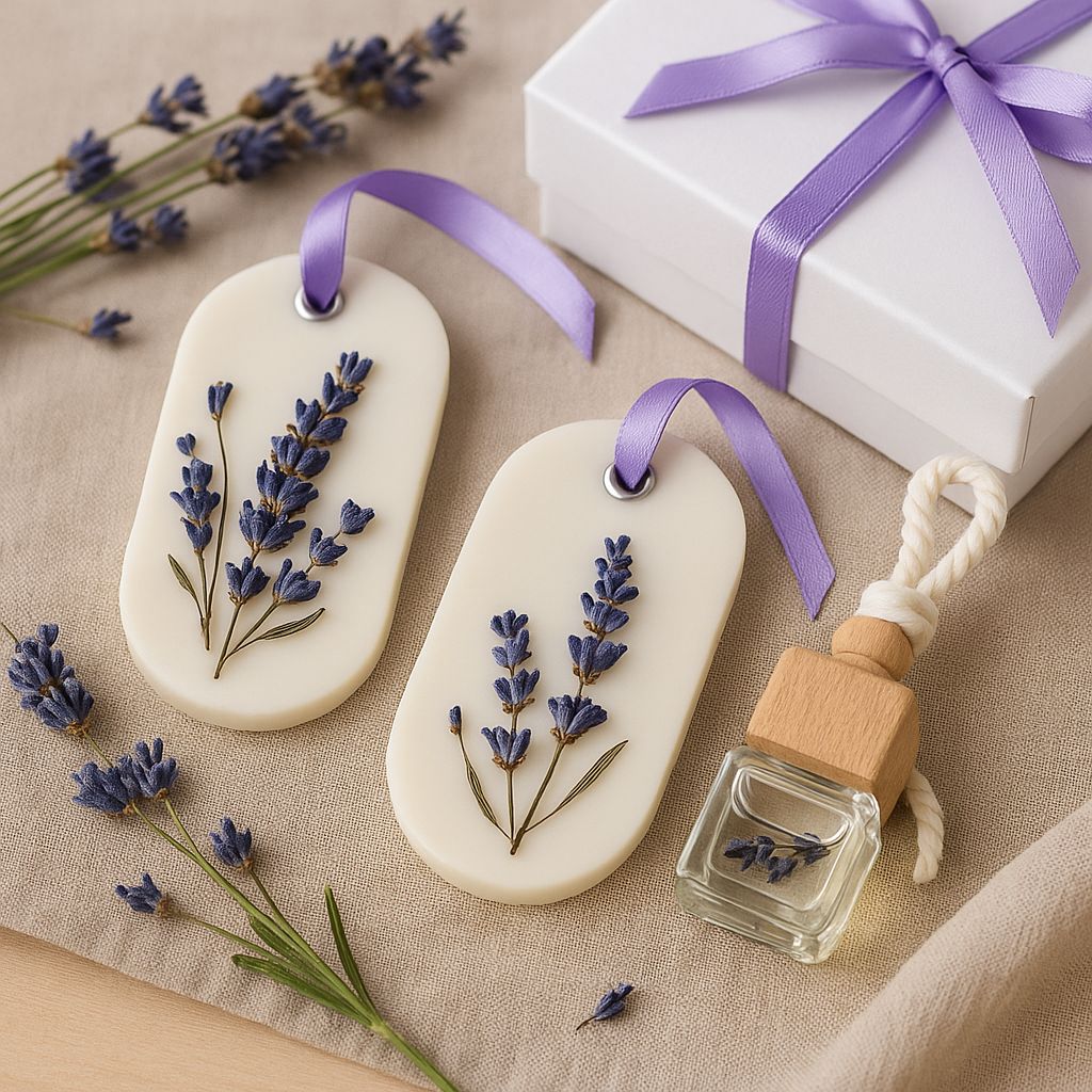 Lavender wax sachets and car diffuser gift box with handmade soy wax sachets and essential oil diffuser by Isola Aura Home