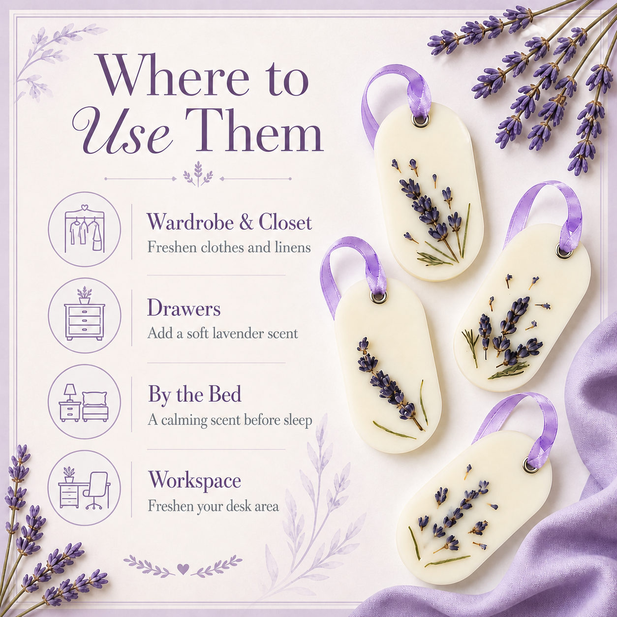 Lavender wax sachets care instruction card for closet, shelf and drawer use