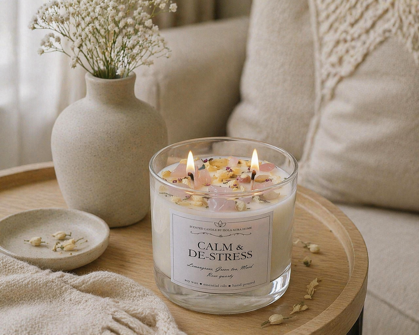 Lit lemongrass and rose quartz crystal candle styled in a warm neutral home interior