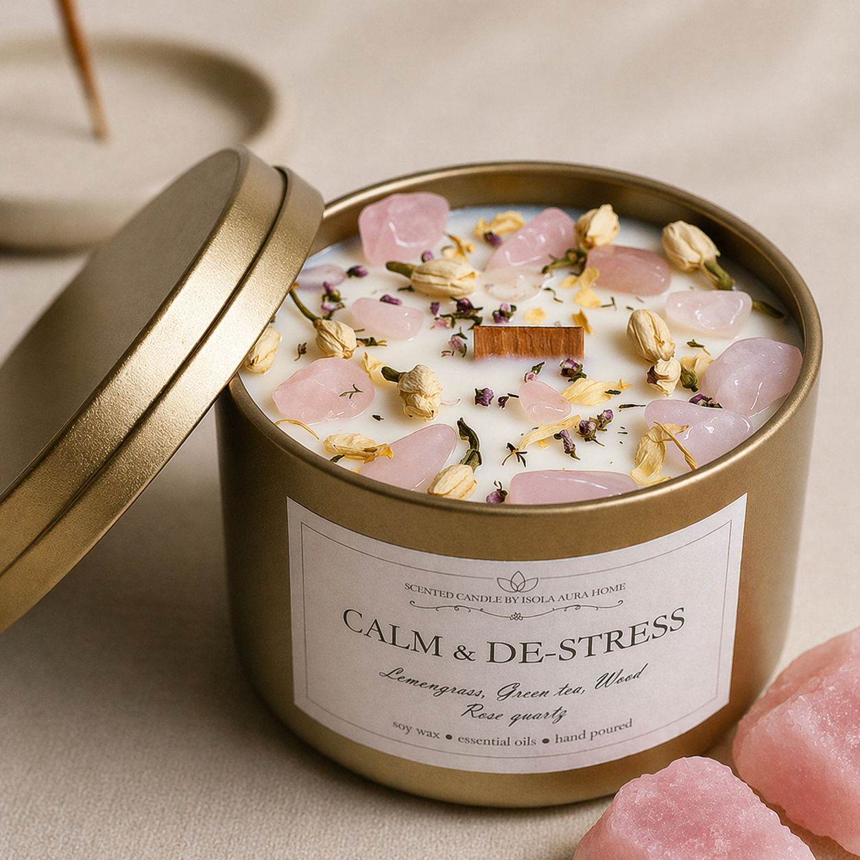 Lemongrass and rose quartz crystal candle in a gold metal tin with wooden wick